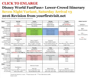 Disney World 2016 FastPass+ Lower Crowd Itinerary, 7 Night Saturday Arrival Version