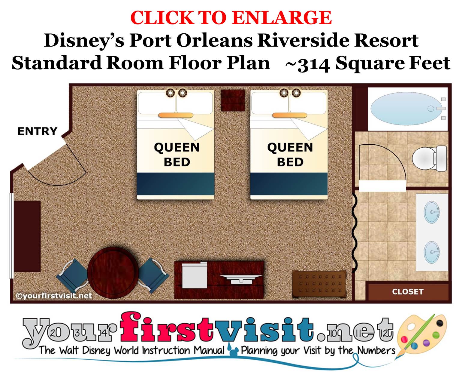 Floor Plan Standard Room Disney's Port Orleans Riverside Resort from yourfirstvisit.net