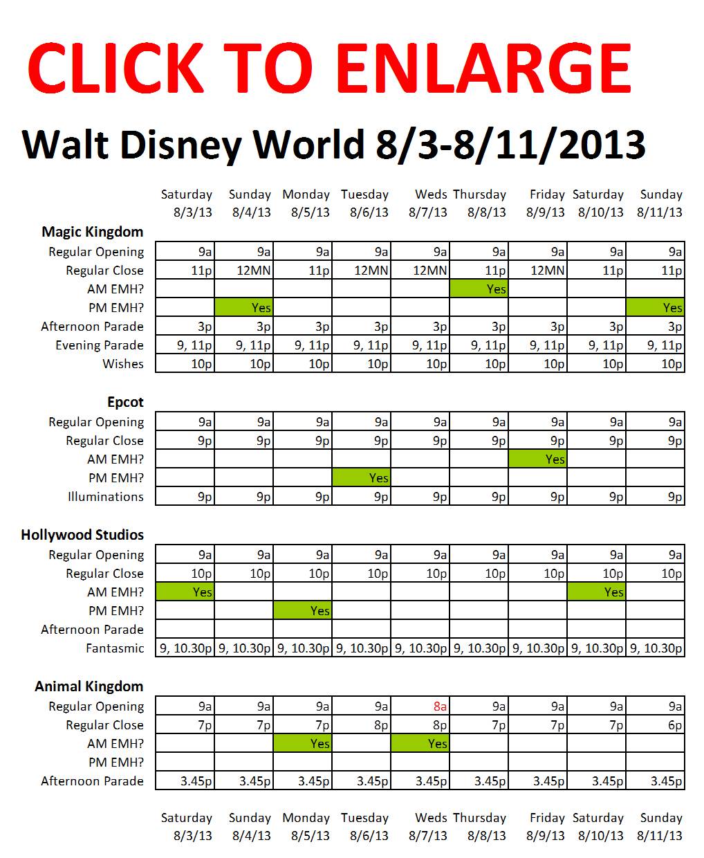 Next Week (August 3 to August 11, 2013) at Walt Disney World