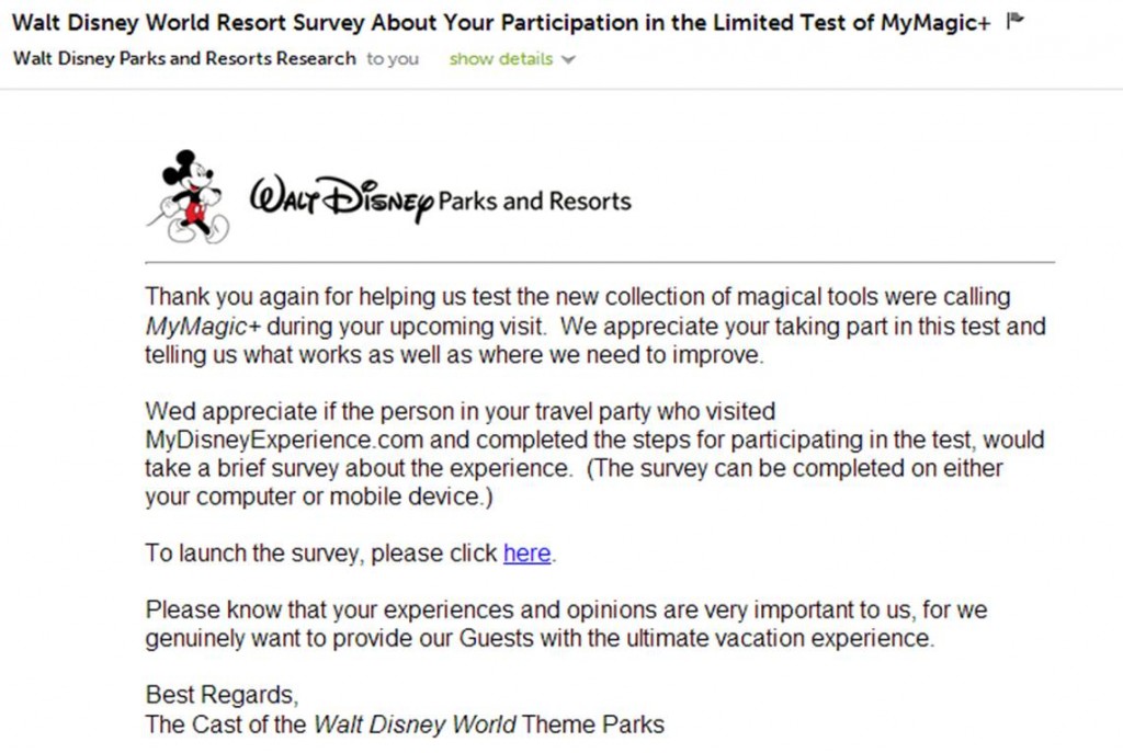 Disney World FatsPass+ Survey Email Invitation with Typo from yourfirstvisit.net