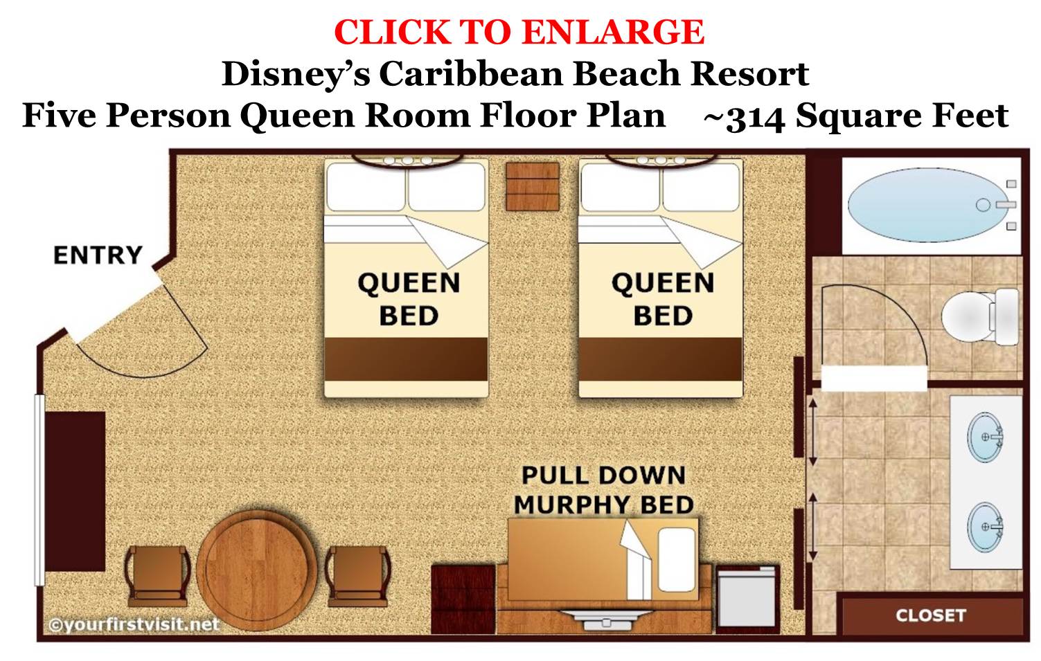 pět osob Queen Room půdorys Disney ' s Caribbean Beach Resort od yourfirstvisit.net