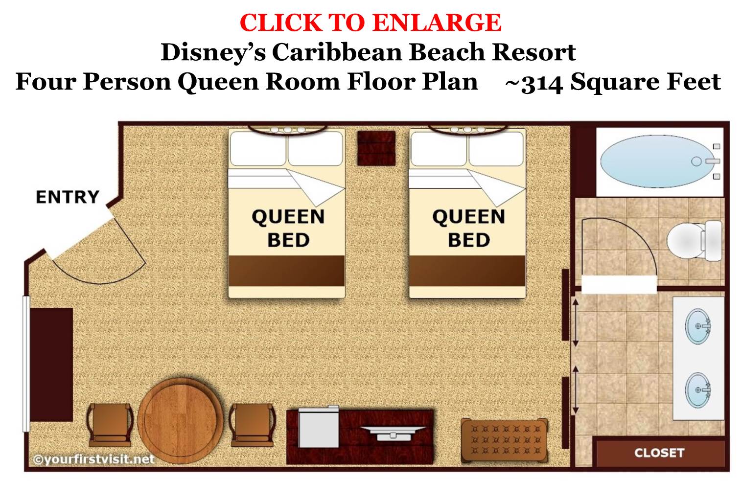  Vier Personen Zimmer mit Queensize-Bett Grundriss Disney's Caribbean Beach Resort ab yourfirstvisit.net 