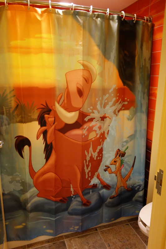 Second Bath Shower Curtain Lion King Family Suite at Disney's Art of Animation Resort from yourfirstvisit.net