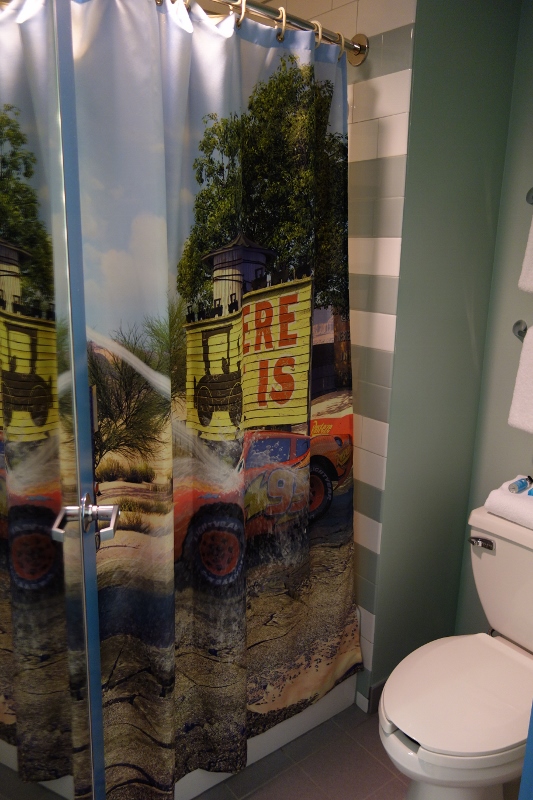 Shower Curtain Second Bath Cars Family Suite at Disney's Art of Animation Resort from yourfirstvisit.net