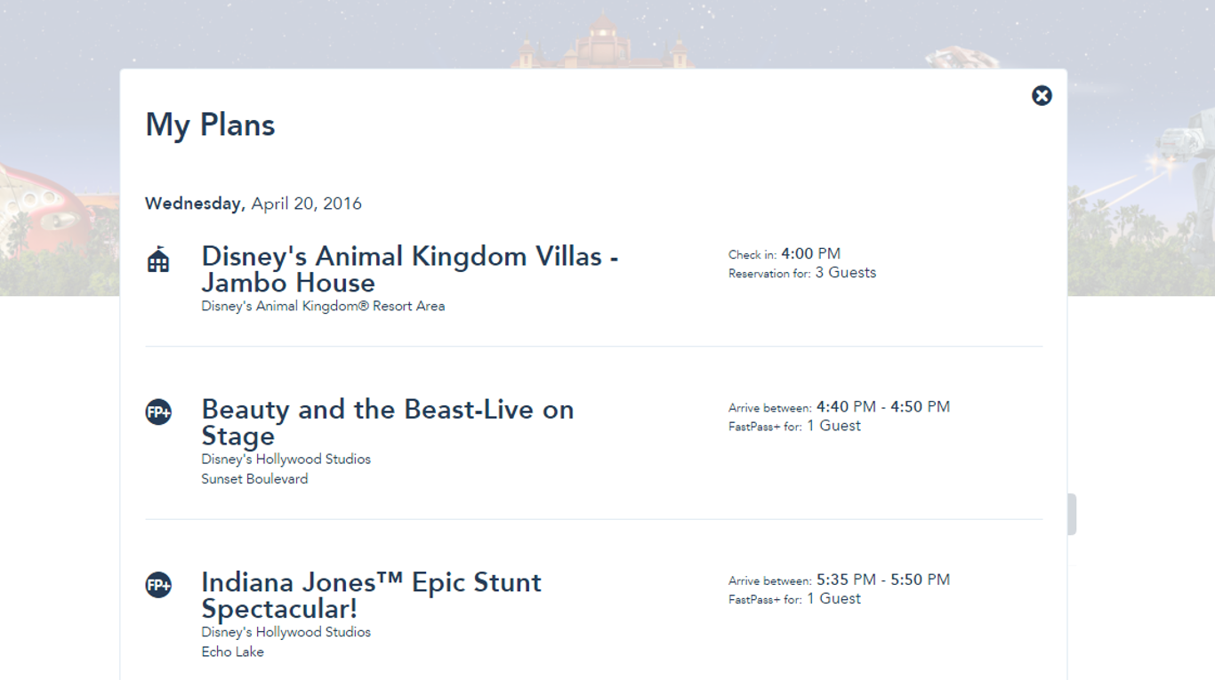 My Plans Page for FastPass+ from yourfirstvisit.net