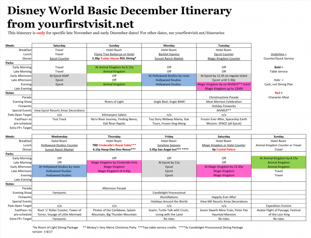 Basic 2017 December Disney World Itinerary ...