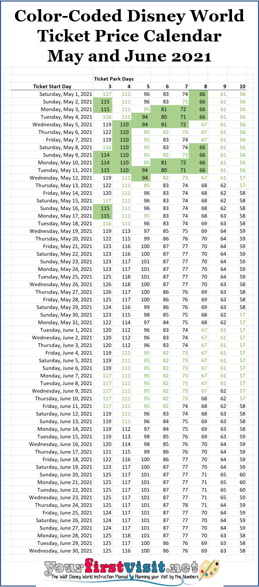 Disney World 2021 Ticket Prices in a ColorCoded Calendar